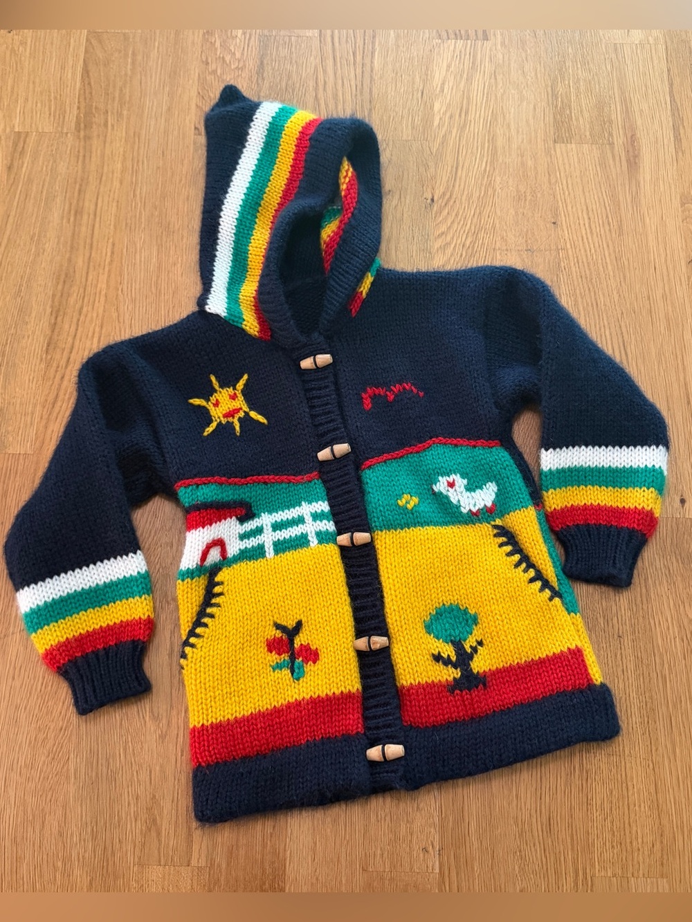 Kids SMALL Blue Country Farm Hooded Knit Cardigan Sweater Toggle Buttons - Picture 1 of 6